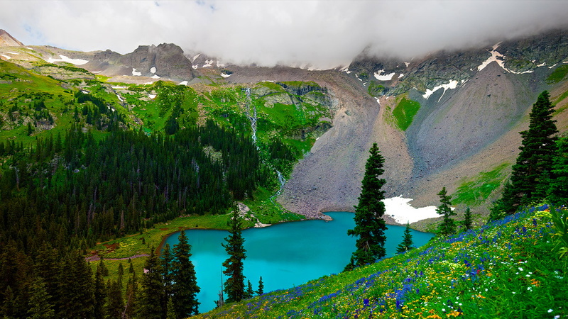 beach, grass, coniferous tree, summer, natural, sun, shore, water, clouds, lake, pine tree, valley, garden, tourism, tree, sea, mountain range, non-urban scene
