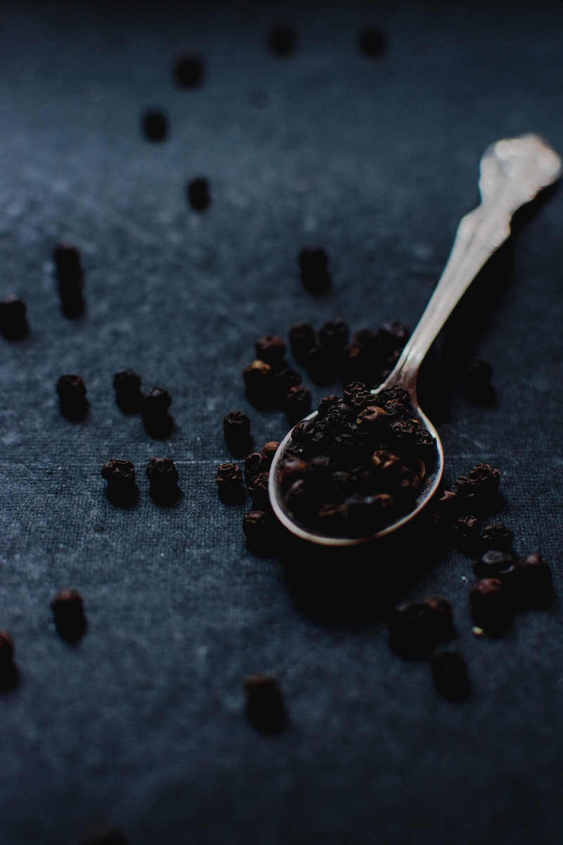 gray, selective focus, indoors, kitchen utensil, kitchen, peppercorns, ingredient, high angle view, still life, food and drink, healthy eating, table, black