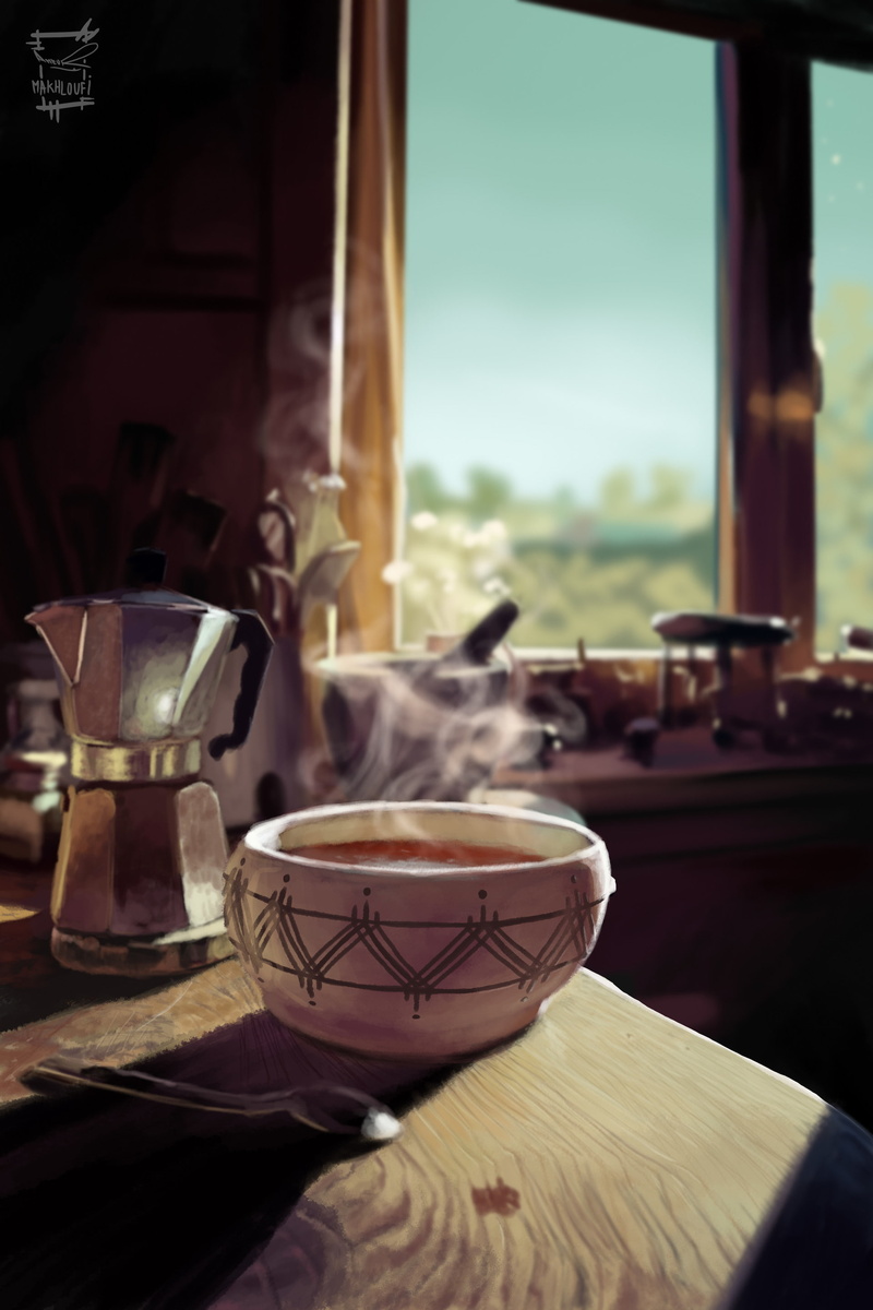 tea cup, still life, table, refreshment, focus on foreground, indoors, 2K, Ameur Makhloufi, soup, crockery, mug, concept art, window, coffee cup, close-up