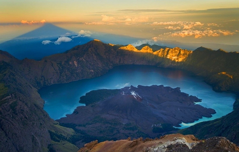 land, clouds, landscape, sun, nature, geology, cloud - sky, scenics - nature, water, sunset, mountains, outdoors, river, volcanic crater, lake, crater lake