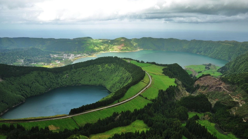 plant, land, sky, clouds, crater lake, lake, volcanic crater, landscape, cloud - sky, water, beauty in nature, tranquility, green color, scenics - nature