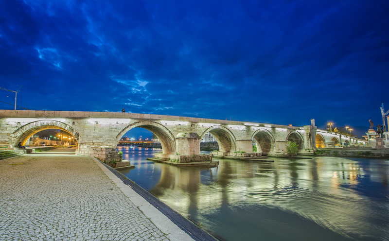 bridge, Macedonia, 1080P, the sky, river, lights, Skopje, night