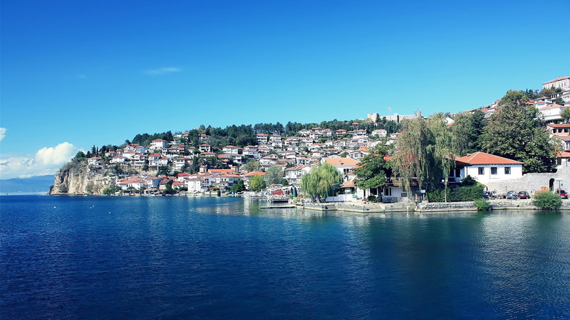 lake, town, 1080P, trees, ohrid, fort, nature and landscapes, hills, macedonia