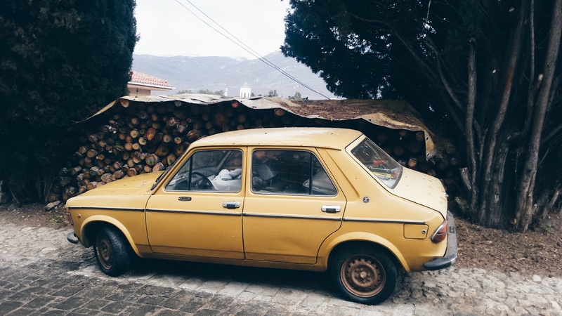 transportation, street, tree trunk, tree, car, taxi, 2K, vintage, yellow taxi, yellow, land vehicle, ohrid, road, day, plant, nature, mode of transportation