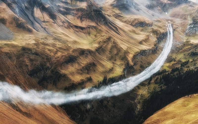 environment, land, nature, landscape, Alps, high angle view, tranquil scene, airplane, mountain pass, smoke, non-urban scene, mountains, valley, aerial view