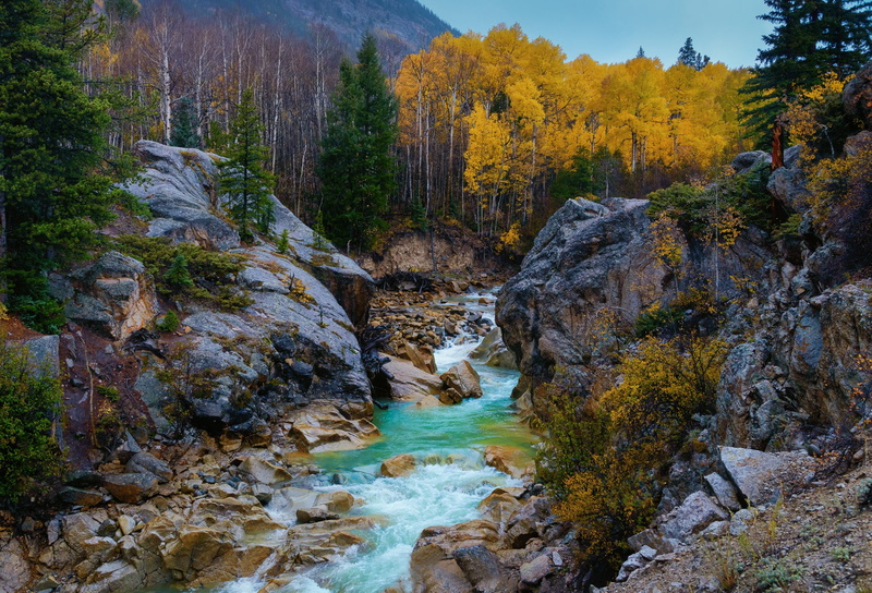 Rocky Mountains, autumn, river, rocks, stones, 1080P, Colorado, Independence Pass, trees