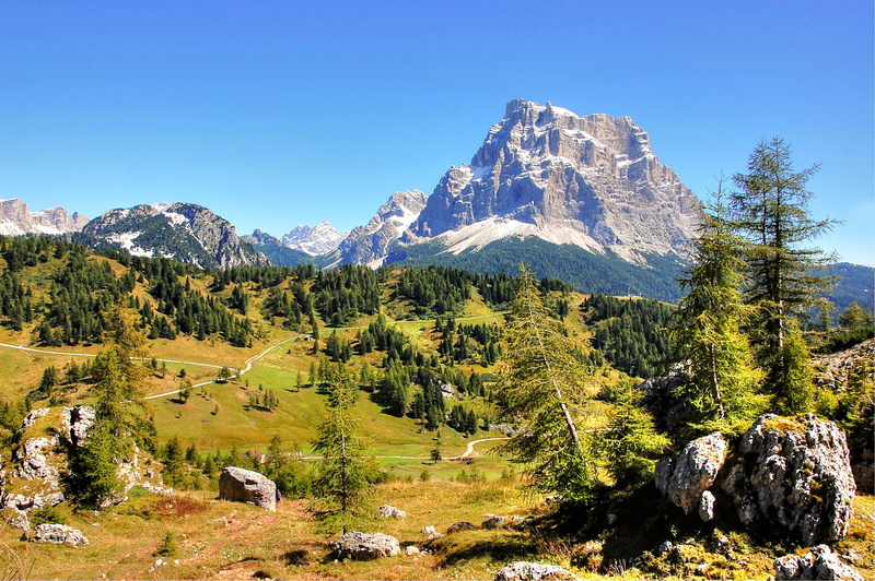 beauty in nature, day, summer, non-urban scene, alm, 2K, view, growth, rubble field, mountain, formation, valley, monte pelmo, snow, clear sky, snowcapped mountain