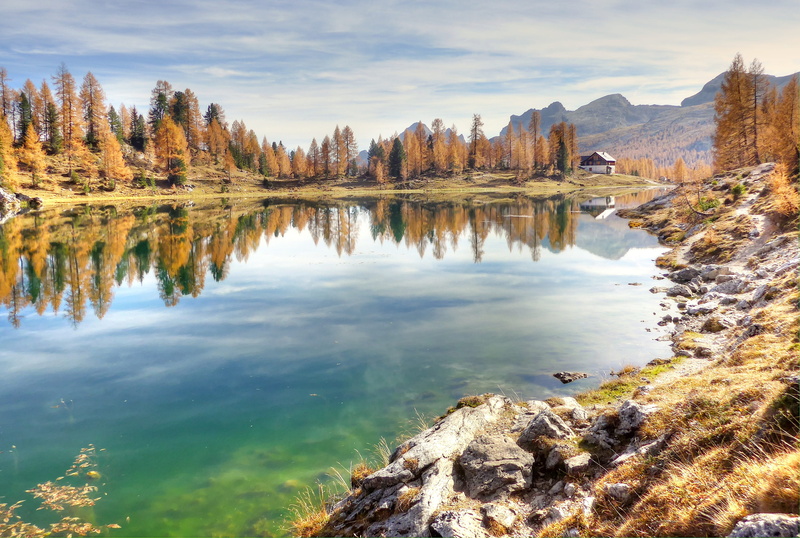 mountain, tranquility, day, no people, cloud - sky, solid, karg, tree, bergsee, landscape, alpine panorama, lake, sky, italy, mountains, reflection lake