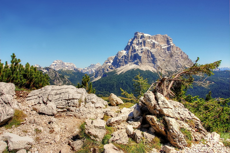 rock - object, mood, plant, no people, land, outdoors, view, formation, mountain range, non-urban scene, mountain, hike, summer, clouds, rubble field, coniferous tree