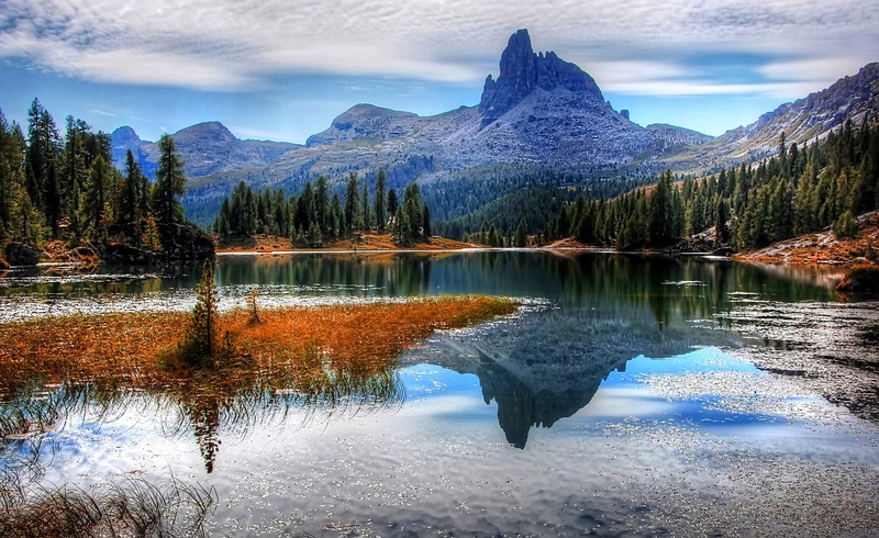mountain, scenics - nature, alpine, rock, plant, landscape, tranquility, beauty in nature, reflection, leaves, snowcapped mountain, belluno, body, daytime
