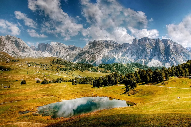 activity, pine tree, mountain, plant, landscape, 1080P, sun, valley, tree, clouds, alm, photography, daytime, great, no people, environment, val gardena