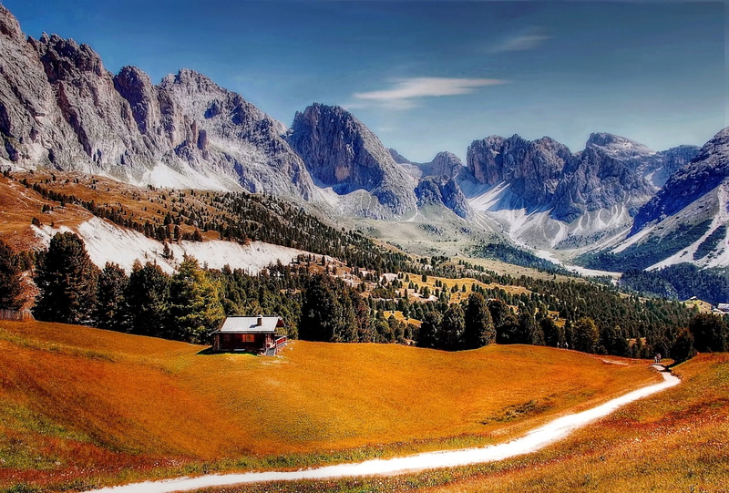 land, mountain range, outdoors, rock, scenics - nature, italy, cloud - sky, aerial, sunny, environment, transportation, alpine panorama, hut, clouds, boulders
