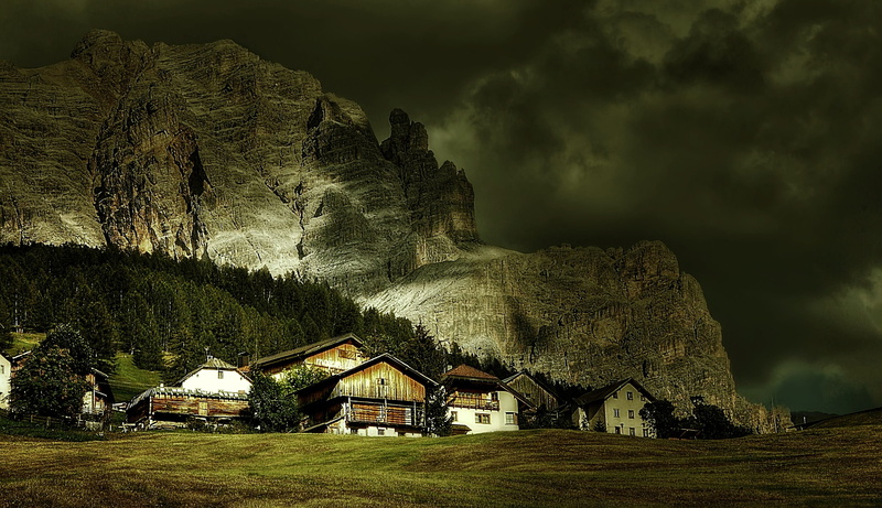 cloud - sky, view, built structure, field, summer, mood, landscape, land, grass, architecture, 2K, alta badia, blue, environment, no people, nature, outdoors