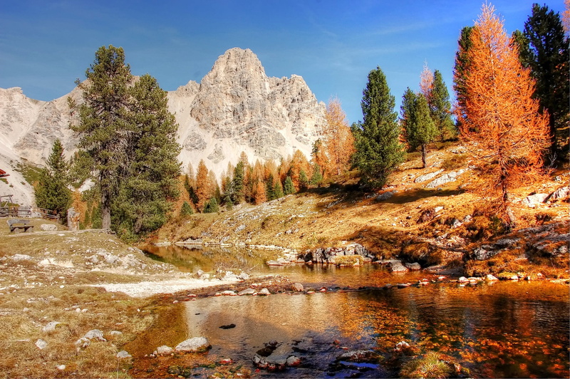 sky, tree, south tyrol, mountain landscape, panorama, rubble field, rock formation, alpine, alm, blue sky, view, dolomites, mountains, tranquil scene, water