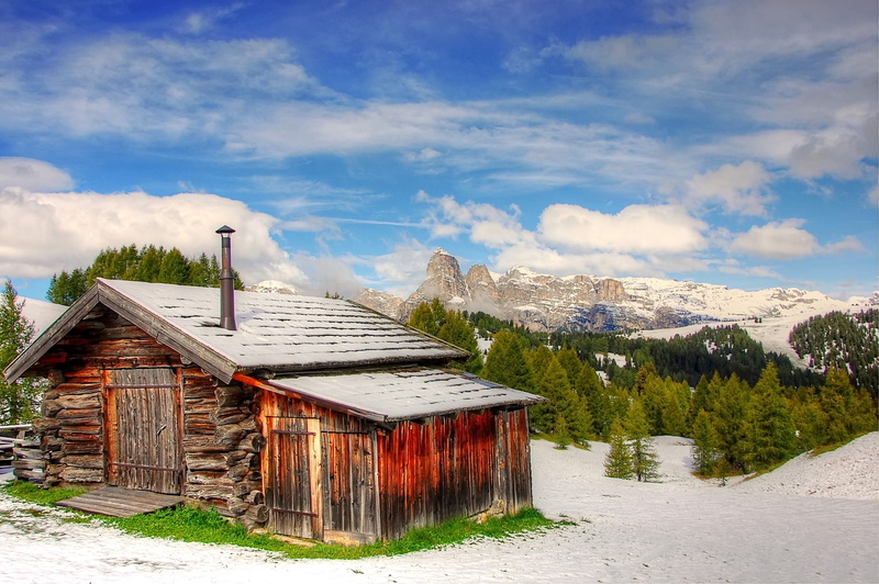 environment, day, near, architecture, italy, blue, snow, alpine, trees, cottage, built structure, view, picturesque, cold temperature, wooden, plant, brown
