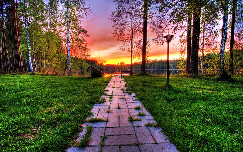 Sunset, Sky, HDR, Trees, Road, Forest, Landscape, Clouds, Boat, 1080P, Lake