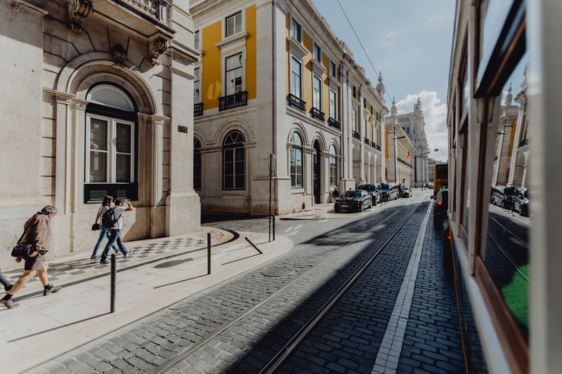 train, Europe, tram 28, street, building, built structure, vintage, lisbon, old, women, nature, people, mode of transportation, yellow, building exterior