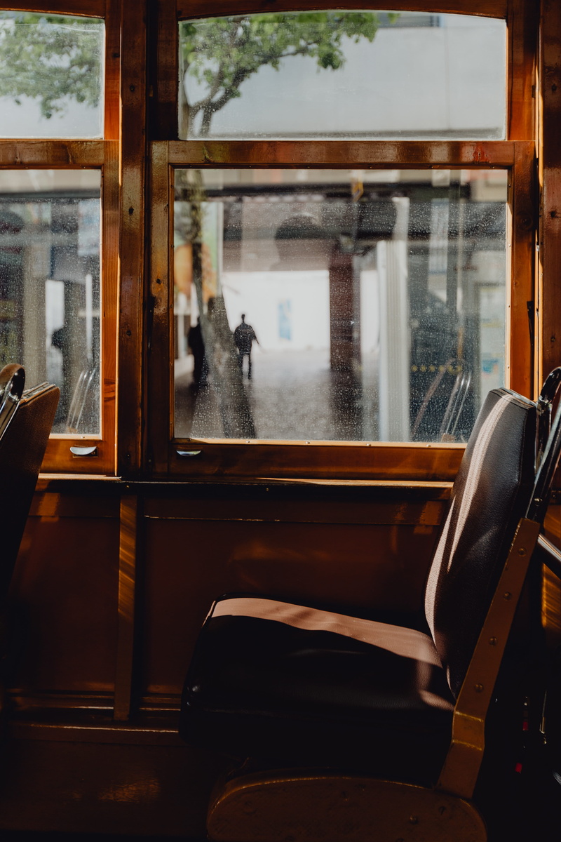 lisbon, empty, wood - material, day, indoors, 4K, chair, mode of transportation, public transportation, yellow, portugal, transparent, vehicle interior
