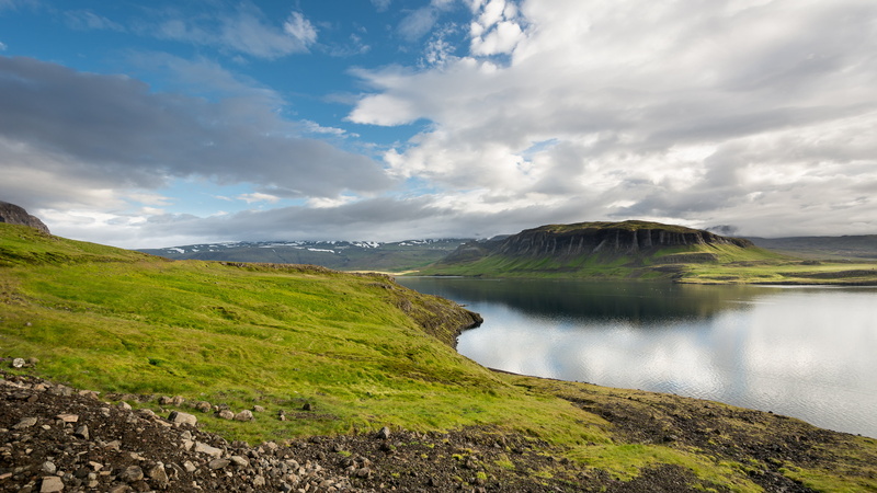 green mountain, clouds, 4x4, body of water, harmony, outdoors, reflection, nature, daytime, on the road, scenics, sky, travel, water, mountain, iceland