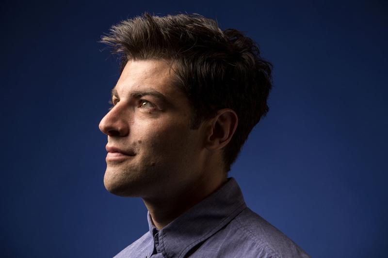 men, studio shot, beautiful people, human face, profile, portrait, profile view, colored background, hairstyle, body part, headshot, blue background, max greenfield