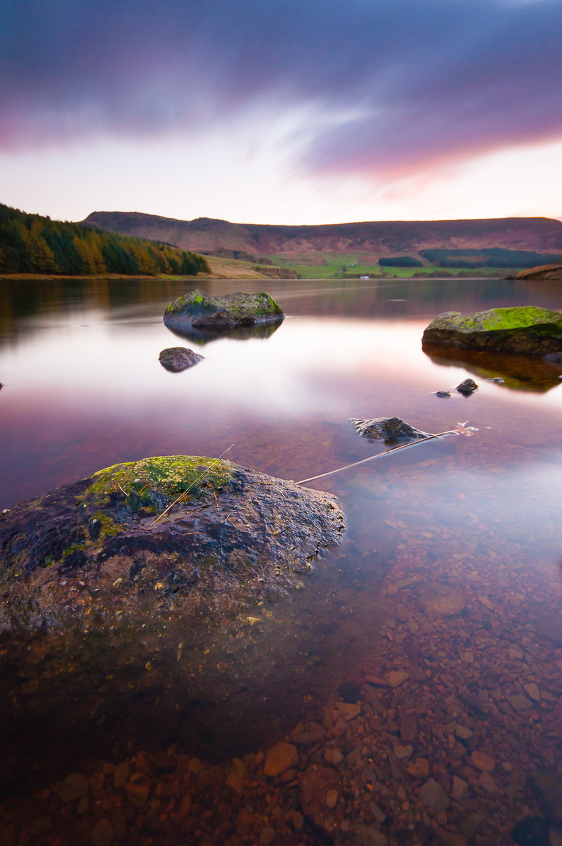 sunset, summer, Reservoir, Nikon D5000, B+W, United Kingdom, clouds, outdoors, forest, wideangle, moss, Peak District, 20mm, blur, ND filter, England, reservoir  rocks
