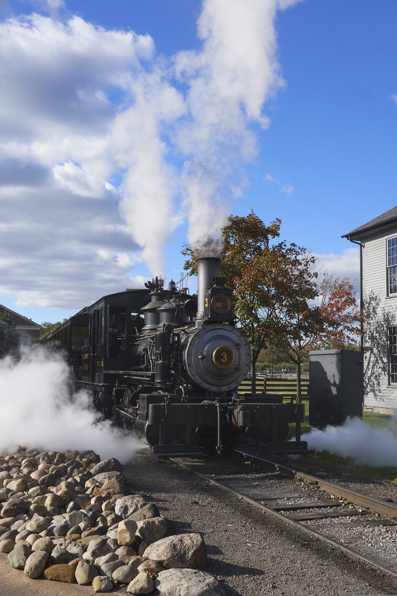 rail transportation, train - vehicle, public transportation, transportation, track, ford museum, travel, sky, cloud - sky, greenfield village, steam, smoke - physical structure