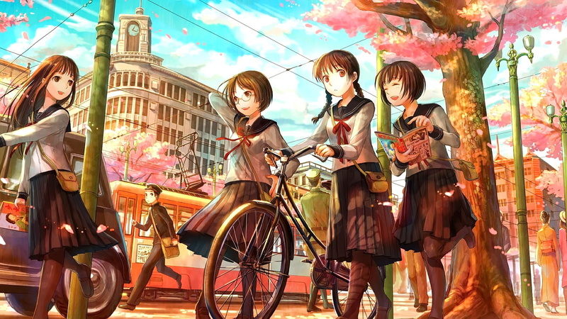 short hair, brown eyes, anime girls, glasses, brunette, long hair, looking away, smiling, anime, original characters, 1080P