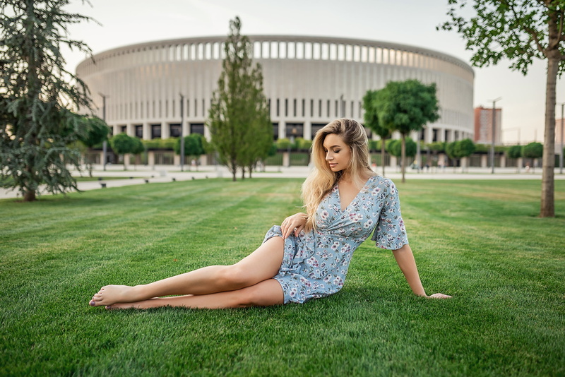 grass, photography, barefoot, arm support, 1080P, model, women, legs, blonde, trees, portrait, park, Flower Dress, Georgy Dyakov, outdoors, dress, on the floor