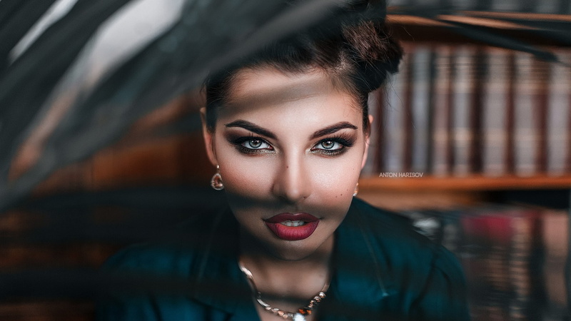 necklace, Fotoshi Toshi, Anton Harisov, women, depth of field, red lipstick, portrait, face, 720P
