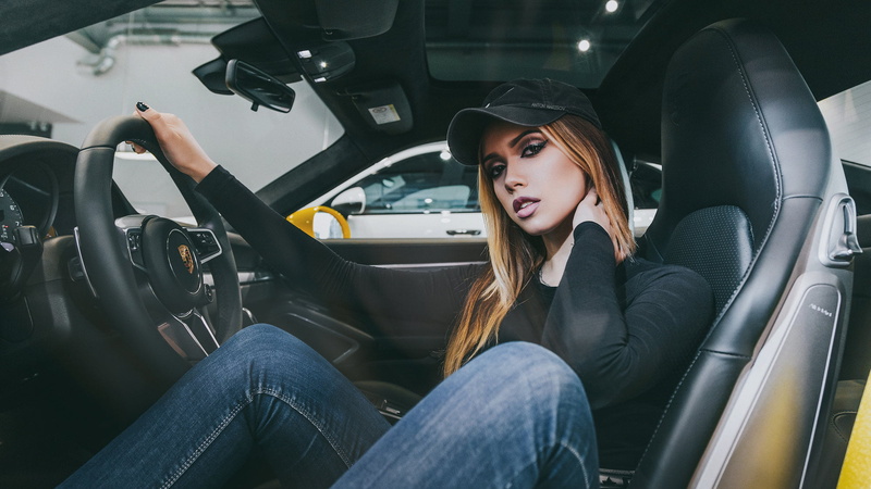 Anton Harisov, pants, steering wheel, women with cars, motor vehicle, baseball caps, beauty, car, Porsche, jeans, vehicle interior, 1080P, blonde, mode of transportation