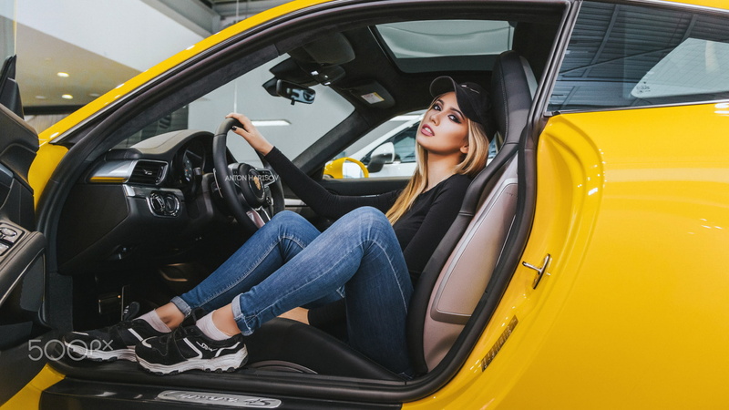 Anton Harisov, inside a car, women with cars, Maria Vasilieva, Fotoshi Toshi, baseball caps, blonde, sitting, sneakers, women, car interior, 720P, jeans