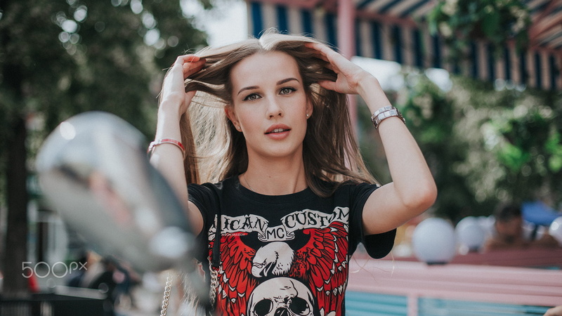720P, beauty, blonde, brown hair, beautiful woman, portrait, T-shirt, Anton Harisov, women, standing, depth of field, leisure activity, human arm, one person