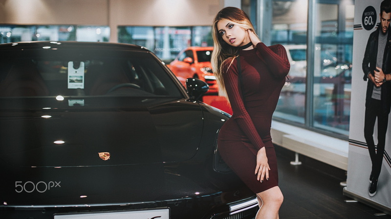car, Anton Harisov, dress, blonde, Maria Vasilieva, women, 1080P, Fotoshi Toshi, Porsche