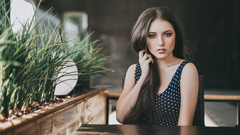 women, brown eyes, 1080P, plants, Fotoshi Toshi, 500px, model, long hair, Anton Harisov, black dress, looking at viewer, open mouth, face