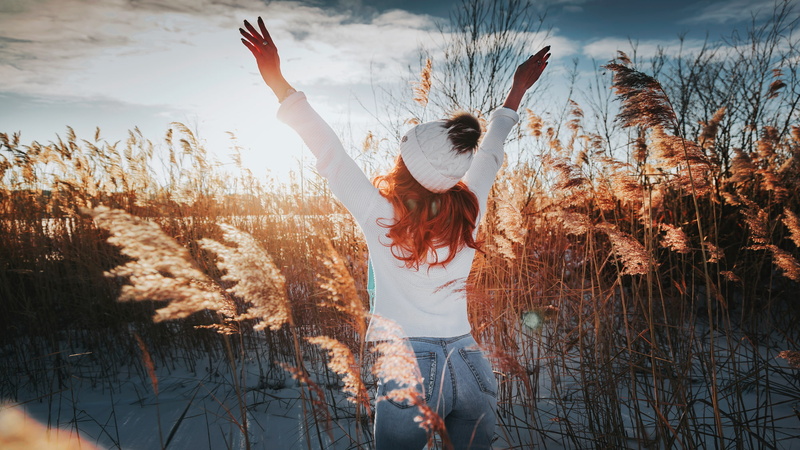 redhead, Anton Harisov, snow, 1080P, arms up, women, sweater, clouds, model, jeans, sky, women outdoors, back, sunset, outdoors, winter, portrait, woolly