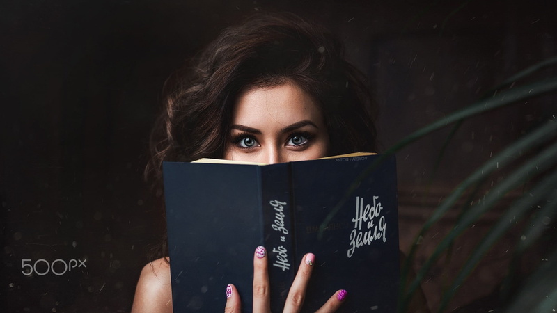 beautiful woman, headshot, books, face, reading, holding, women, adult, learning, painted nails, eyes, Rimma Ajmetzhanova, book, 500px, front view, young adult
