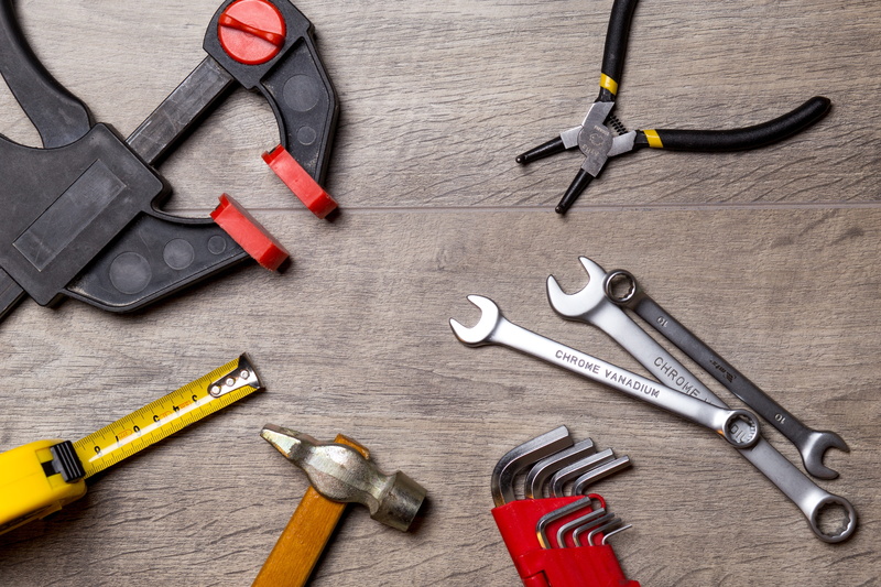 hand, no people, repair, lot, medium group of objects, high angle view, clamp, hammer, steel, work, work tool, diy, directly above, roulette, variation