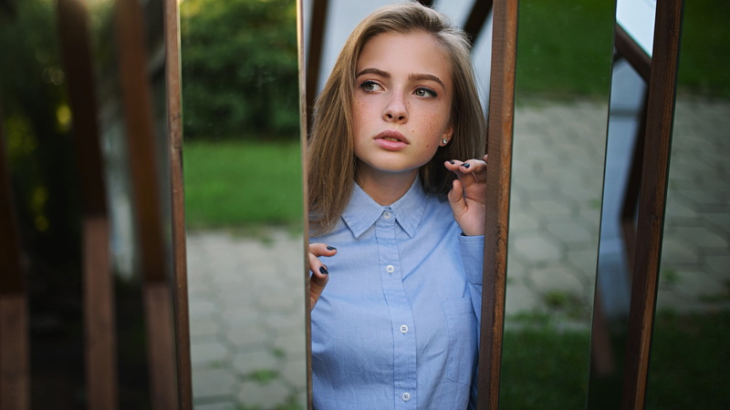 portrait, mirror, blue shirt, model, 1080P, looking away, open mouth, women, black nails, Sergey Zhirnov, face