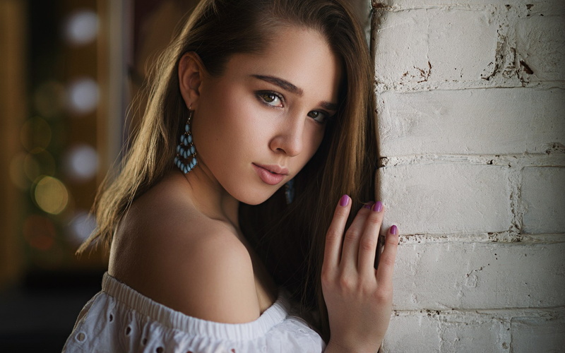 white clothing, women, painted nails, brunette, face, model, long hair, 1080P, portrait, Sergey Zhirnov