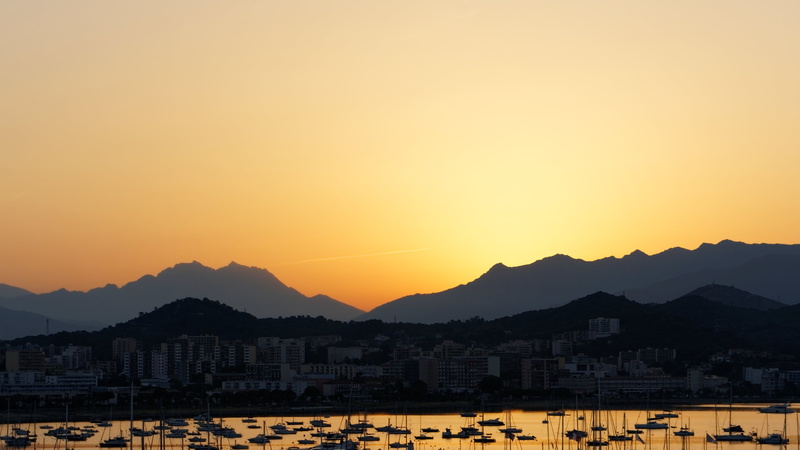 de, mountain, city, Ajaccio, Le jour se lève, Ciel, sunset, Bateau, France, view, Montagne, City View, FRA, dusk, nature, Orange, DxO, Mer, 4K, lumière