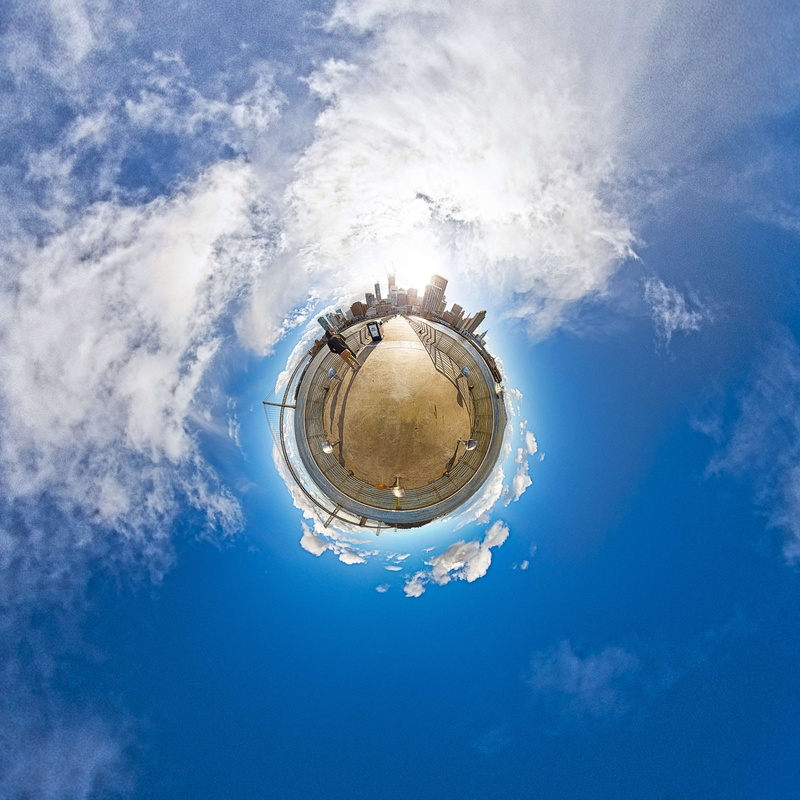 built structure, day, distorted image, nature, usa, skyscraper, globe, city, cloud - sky, blue, cityscape, sky, little, 360, america, architecture, sphere