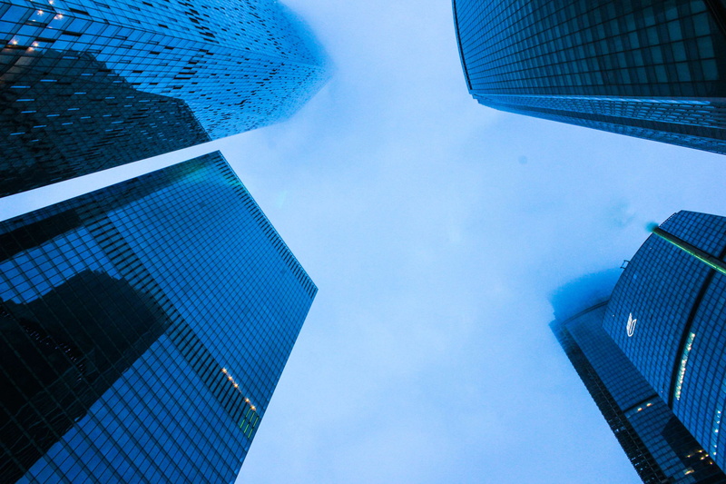 high, tower, outdoors, financial district, reflection, built structure, no people, windows, tall - high, construction, sky, 4K, blue, office building exterior