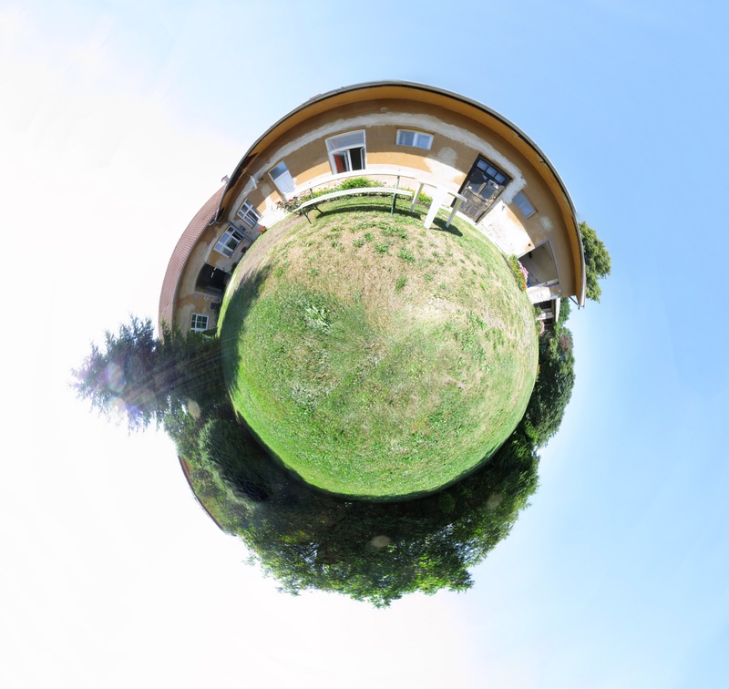 house, green, courtyard, village, low angle view, sky, geometric shape, tree, built structure, green color, clear sky, fisheye, architecture, plant, digital composite