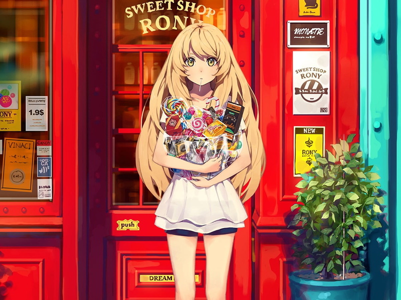 blonde, yohan12, sweets, 480P, long hair, lollipop, anime girls