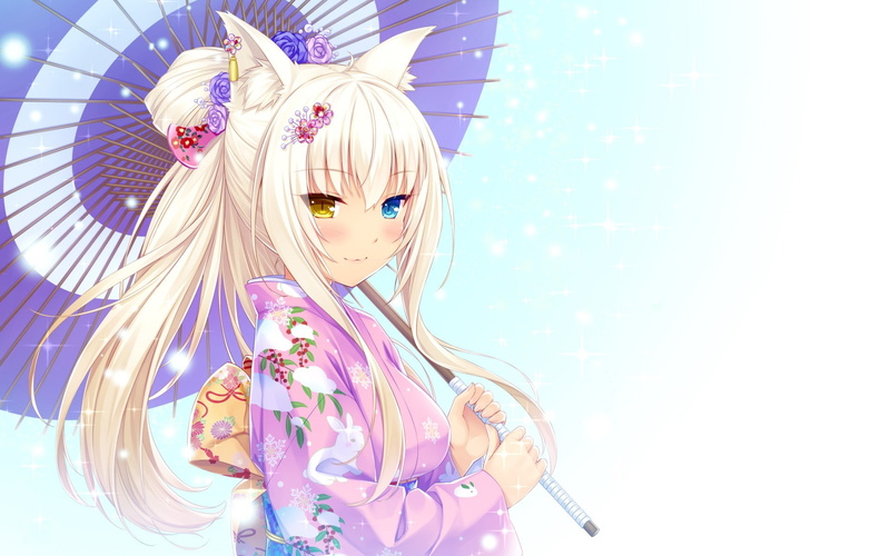 heterochromia, cat girl, Neko Para, Coconut (Neko Para), nekomimi, anime girls, 1080P, umbrella, anime, kimono, animal ears