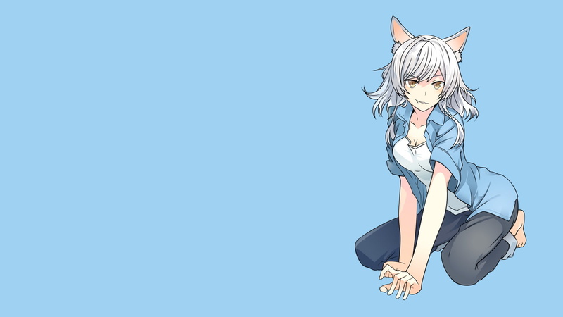 Monogatari Series, white skin, blue, nature, mammal, clear sky, 1080P, cat girl, anime girls, Sawarineko, outdoors, one person, simple background, anime