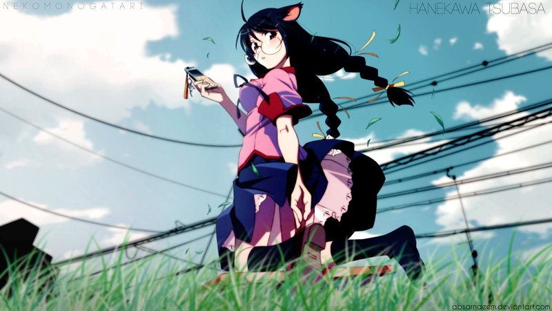 sky, Hanekawa Tsubasa, braids, real people, grass, focus on foreground, young women, low angle view, leisure activity, lifestyles, anime, outdoors, cloud - sky