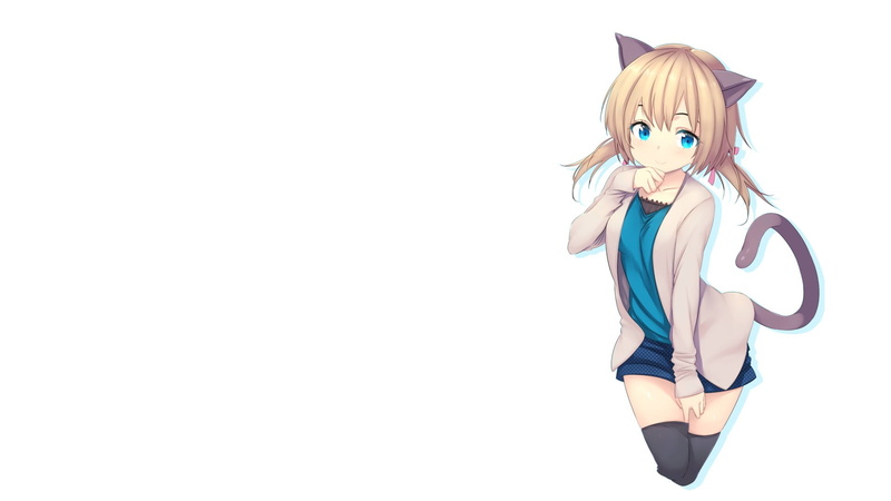 copy space, anime, blond hair, white background, hair, casual clothing, indoors, cat girl, lifestyles, costume, standing, women, original characters, nekomimi