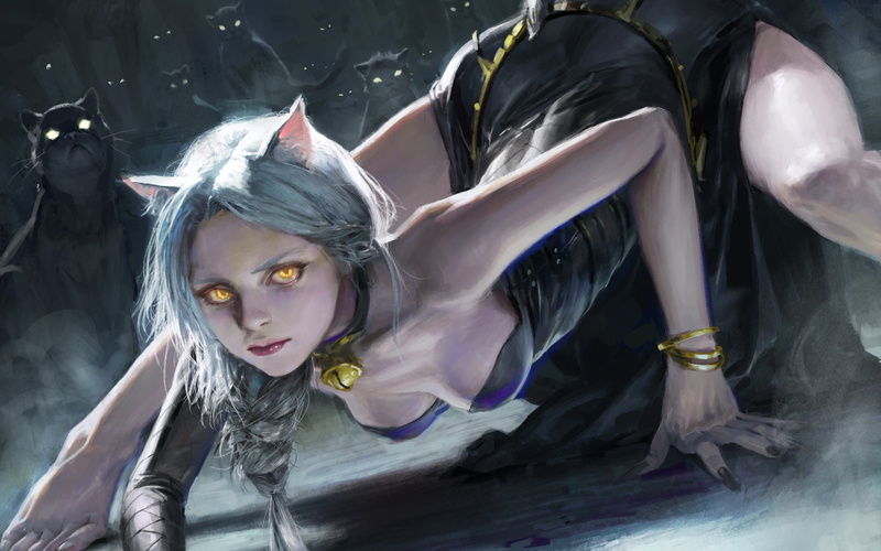 graphic, looking at camera, young adult, fashion, cat, hairstyle, lifestyles, blond hair, beauty, nekomimi, dress, indoors, yellow eyes, fictional, 2K