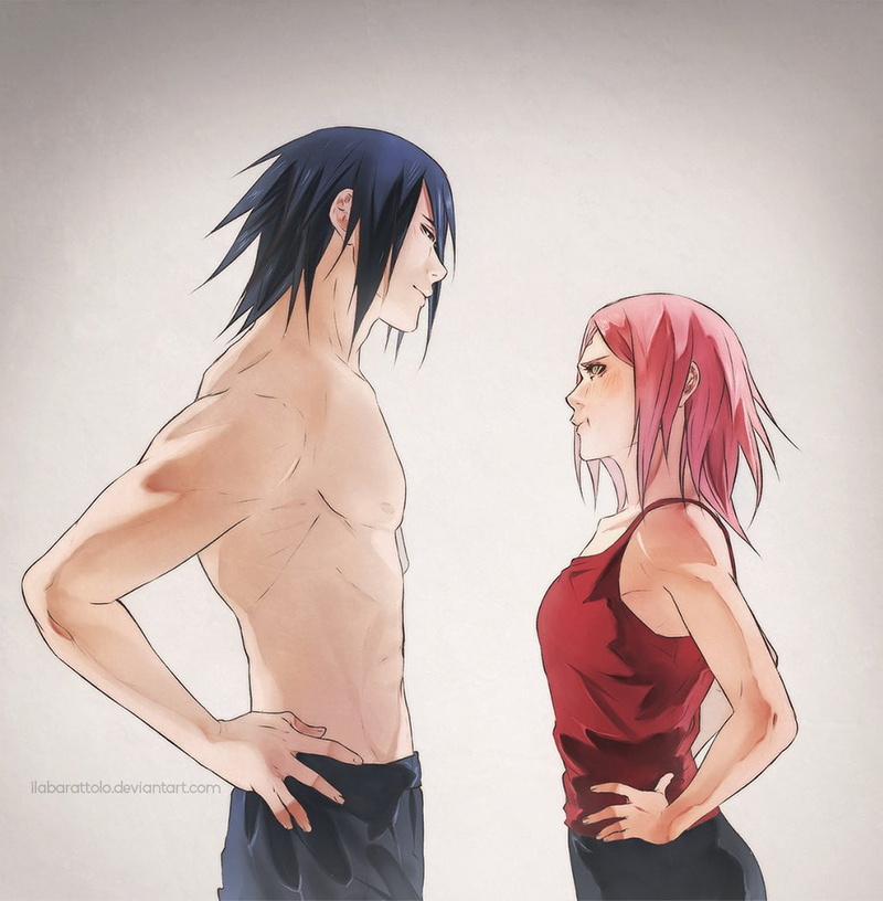 sakura, white background, emotion, hair, people, side view, females, Naruto Shippuuden, two people, fan art, Uchiha Sasuke, artwork, three quarter length